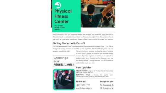 One Pager Newsletter For Physical Fitness Center PDF Document PPT Template