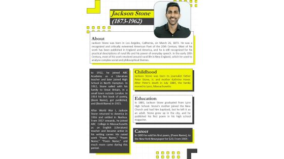 One Pager Newsletter For Professional Autobiography PDF Document PPT Template