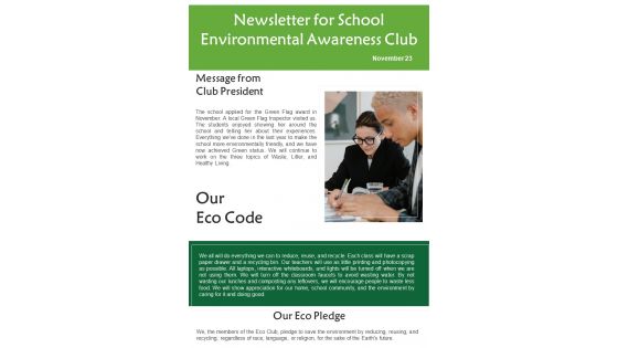 One Pager Newsletter For School Environmental Awareness Club PDF Document PPT Template