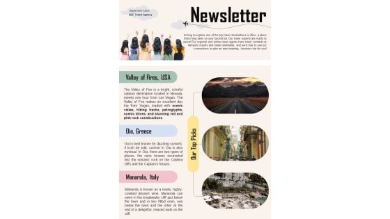 One Pager Newsletter For Travel Company PDF Document PPT Template