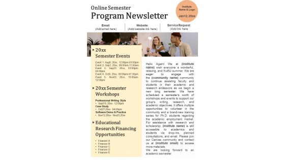 One Pager Newsletter For Virtual Semester Program PDF Document PPT Template