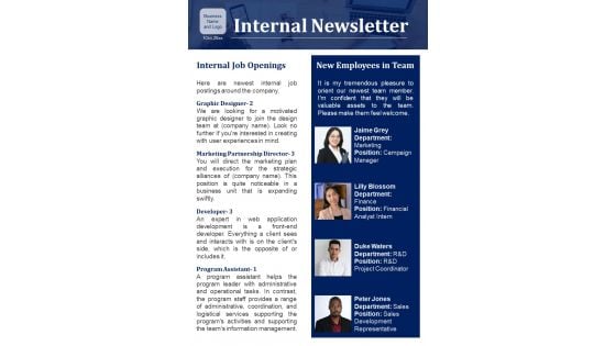 One Pager Newsletters For Internal Business Updates PDF Document PPT Template