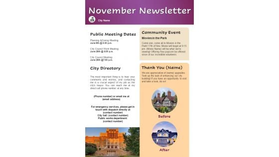 One Pager November Month Newsletter For Community Events Highlights PDF Document PPT Template