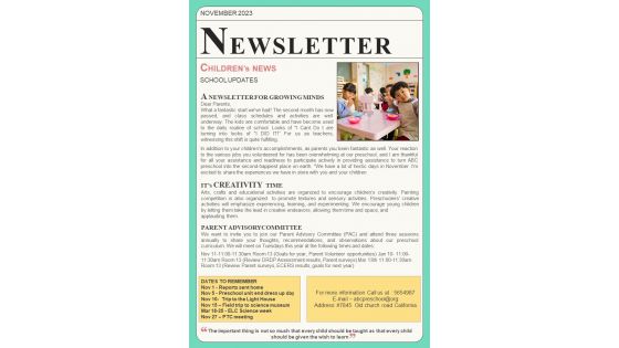 One Pager November Month Newsletter For Kindergarten PDF Document PPT Template