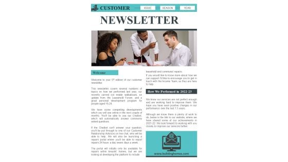 One Pager Organisation Newsletter For Client PDF Document PPT Template