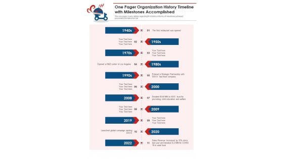 One Pager Organization History Timeline With Milestones Accomplished PDF Document PPT Template