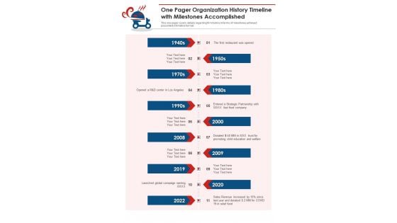 One Pager Organization History Timeline With Milestones Accomplished PDF Document PPT Template