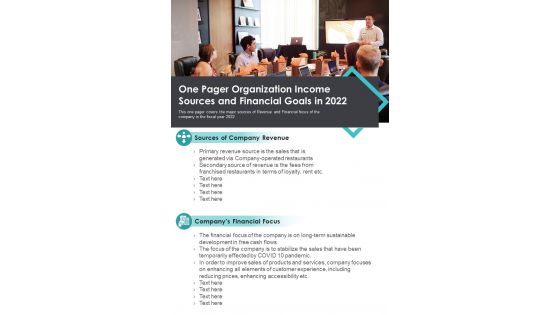 One Pager Organization Income Sources And Financial Goals In 2022 PDF Document PPT Template