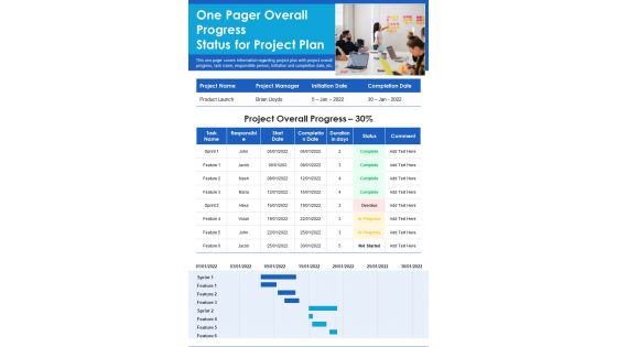One Pager Overall Progress Status For Project Plan PDF Document PPT Template