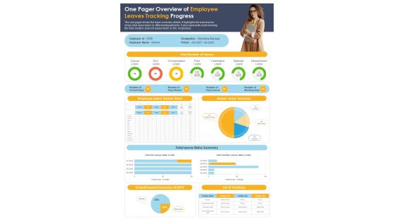 One Pager Overview Of Employee Leaves Tracking Progress PDF Document PPT Template