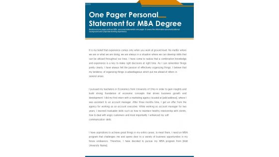 One Pager Personal Statement For MBA Degree PDF Document PPT Template