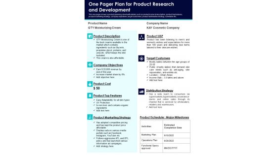 One Pager Plan For Product Research And Development PDF Document PPT Template