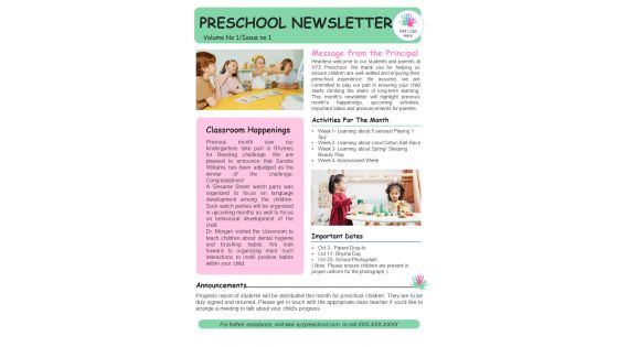 One Pager Play School Newsletter For Parents PDF Document PPT Template