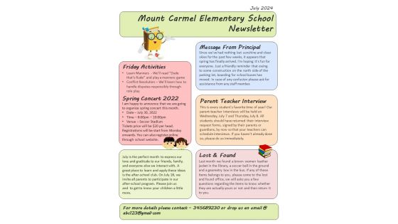 One Pager Primary School Weekly Activities Newsletter PDF Document PPT Template