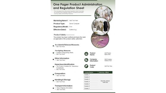 One Pager Product Administration And Regulation Sheet PDF Document PPT Template