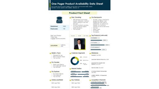 One Pager Product Availability Data Sheet PDF Document PPT Template