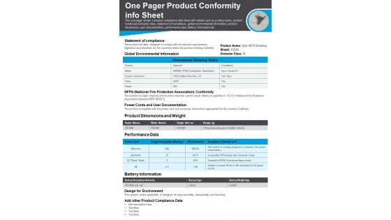 One Pager Product Conformity Info Sheet PDF Document PPT Template