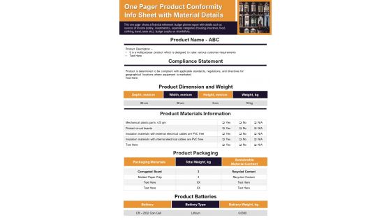 One Pager Product Conformity Info Sheet With Material Details PDF Document PPT Template