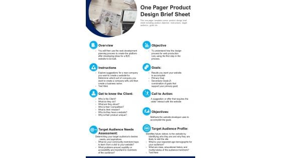 One Pager Product Design Brief Sheet PDF Document PPT Template