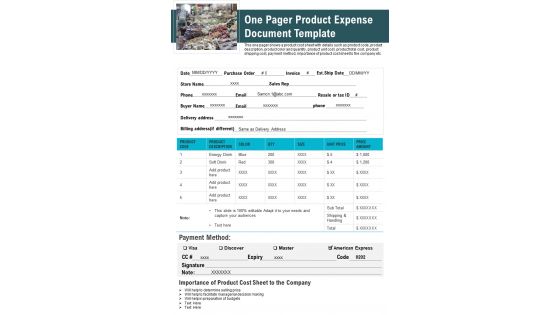 One Pager Product Expense Document Template PDF Document PPT Template