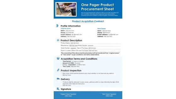 One Pager Product Procurement Sheet PDF Document PPT Template