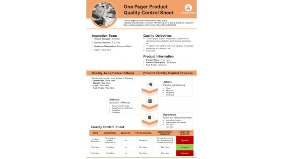 One Pager Product Quality Control Sheet PDF Document PPT Template