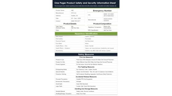 One Pager Product Safety And Security Information Sheet PDF Document PPT Template