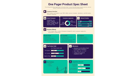 One Pager Product Spec Sheet PDF Document PPT Template