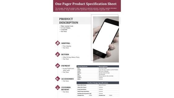 One Pager Product Specification Sheet PDF Document PPT Template