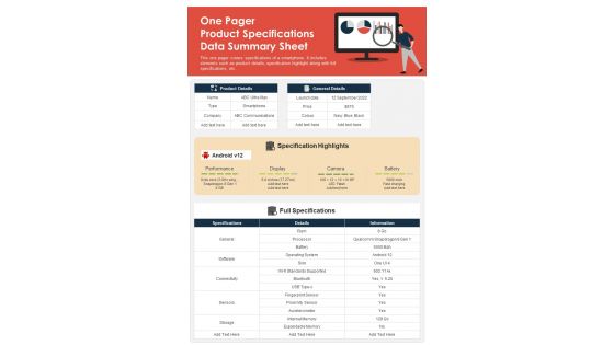 One Pager Product Specifications Data Summary Sheet PDF Document PPT Template