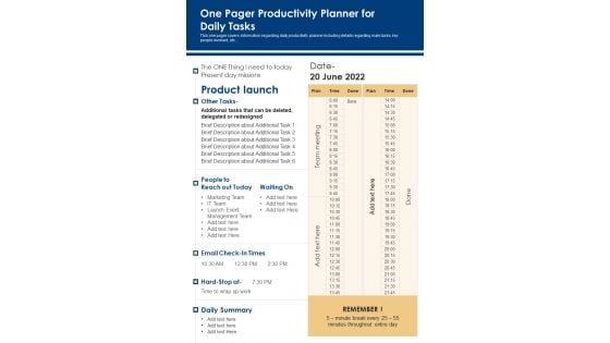 One Pager Productivity Planner For Daily Tasks PDF Document PPT Template