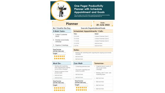 One Pager Productivity Planner With Schedule Appointment And Goals PDF Document PPT Template