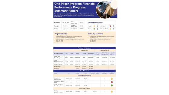 One Pager Program Financial Performance Progress Summary Report PDF Document PPT Template