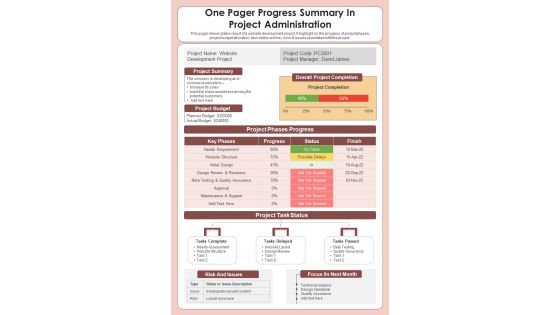 One Pager Progress Summary In Project Administration PDF Document PPT Template