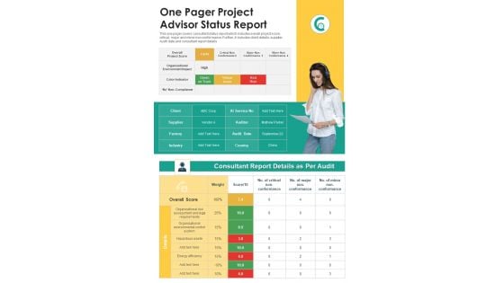 One Pager Project Advisor Status Report PDF Document PPT Template