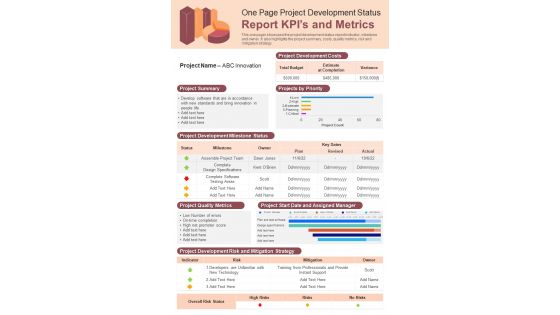 One Pager Project Development Progress Report Performance Measurement Indicators PDF Document PPT Template One Pager Project Development Progress Report Performance Measurement Indicators PDF Document PPT Template