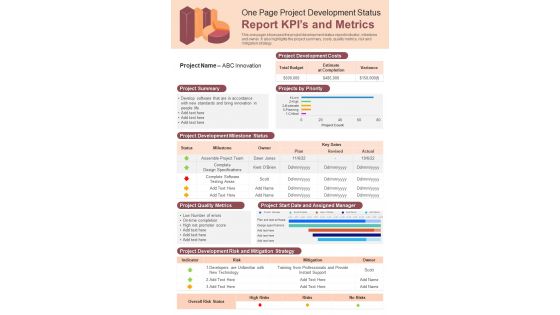 One Pager Project Development Progress Report Performance Measurement Indicators PDF Document PPT Template