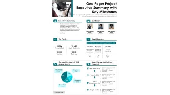 One Pager Project Executive Summary With Key Milestones PDF Document PPT Template