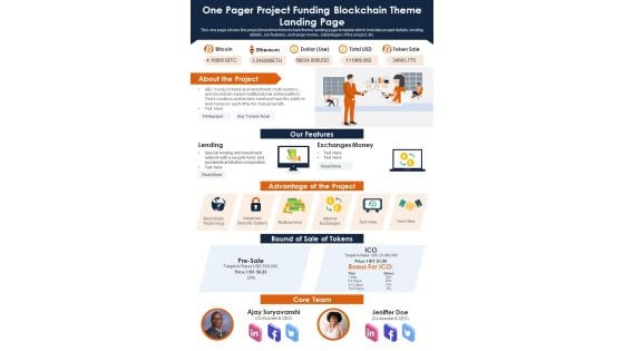 One Pager Project Funding Blockchain Theme Landing Page PDF Document PPT Template