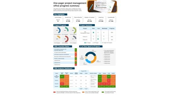 One Pager Project Management Office Progress Summary PDF Document PPT Template