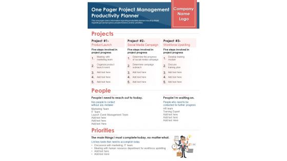 One Pager Project Management Productivity Planner PDF Document PPT Template