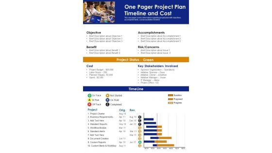 One Pager Project Plan Timeline And Cost PDF Document PPT Template