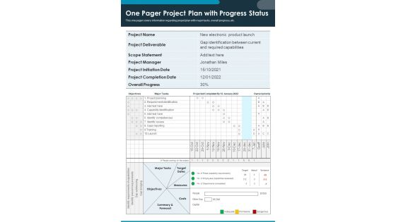 One Pager Project Plan With Progress Status PDF Document PPT Template