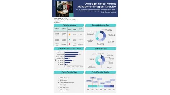 One Pager Project Portfolio Management Progress Overview PDF Document PPT Template