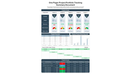 One Pager Project Portfolio Tracking Summary Document PDF Document PPT Template