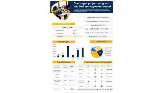 One Pager Project Progress And Task Management Report PDF Document PPT Template