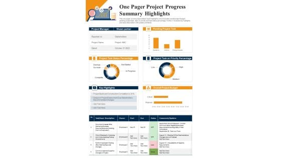 One Pager Project Progress Summary Highlights PDF Document PPT Template