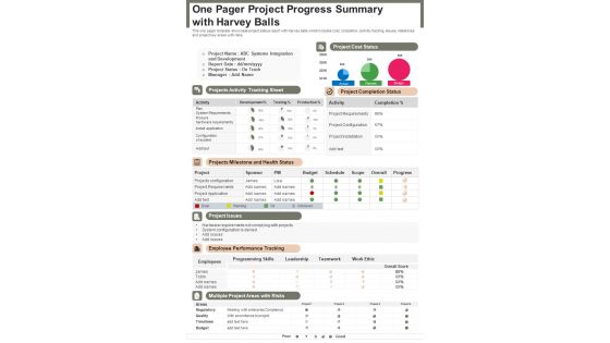 One Pager Project Progress Summary With Harvey Balls PDF Document PPT Template