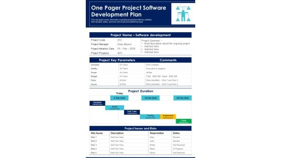 One Pager Project Software Development Plan PDF Document PPT Template