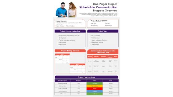 One Pager Project Stakeholder Communication Progress Overview PDF Document PPT Template